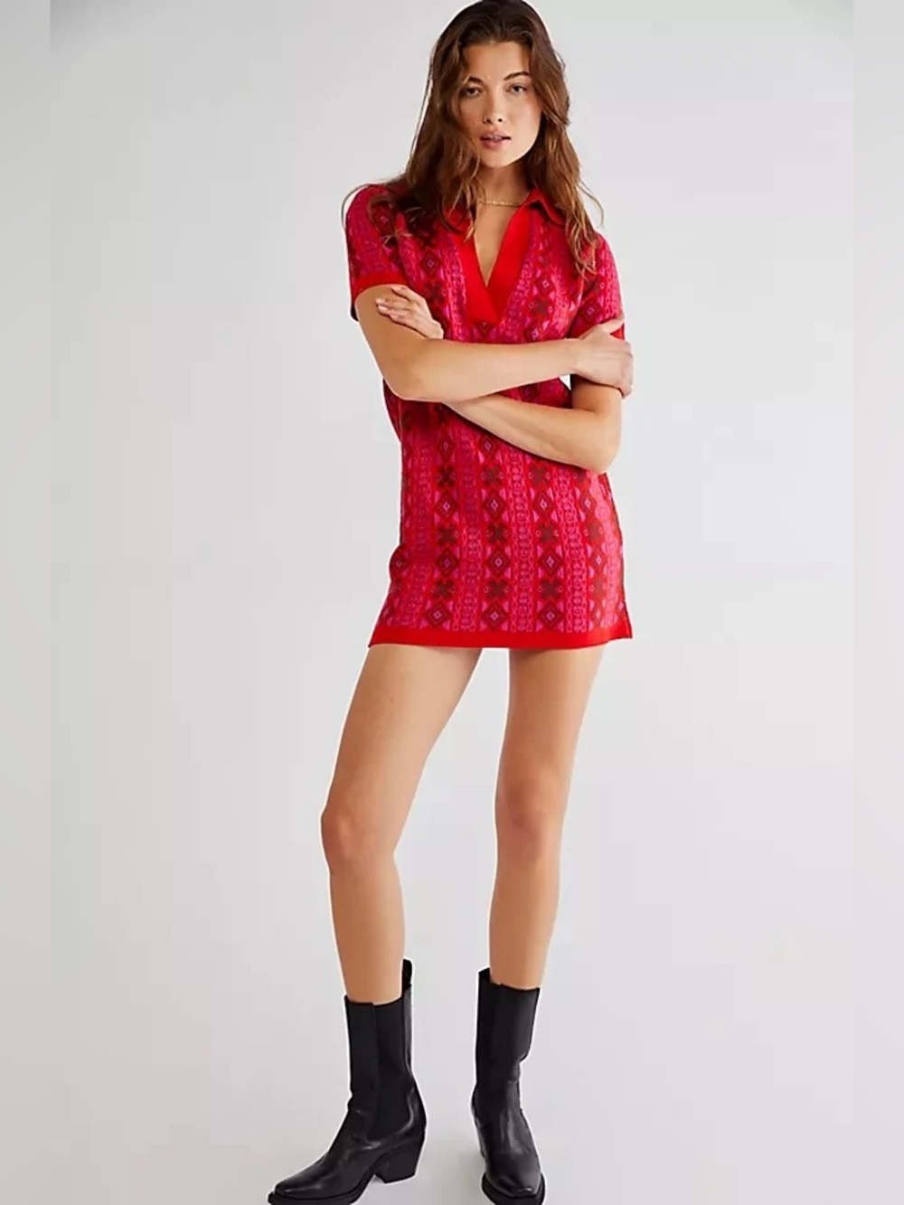 Free People Kitt Mini Dress S Berry Red Geometric Knit Polo Mod Retro NWT Boho